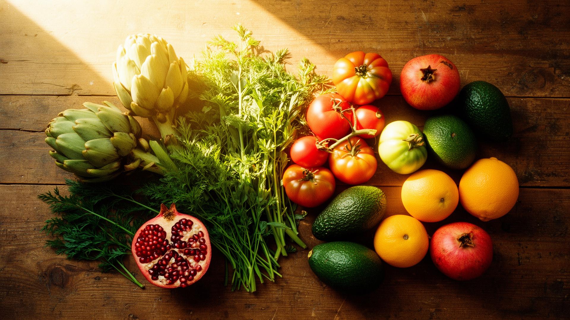 Fresh seasonal produce in golden light